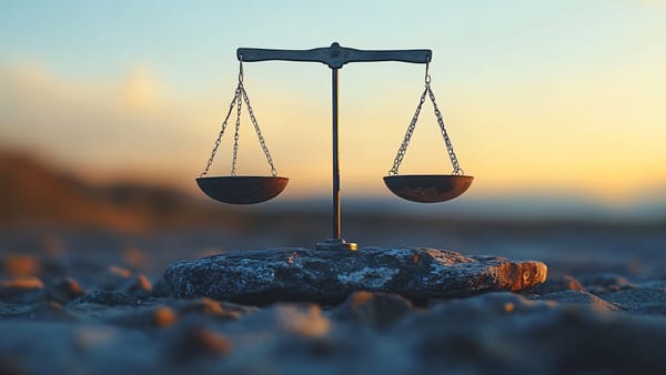 Scales on the beach, showing the theme of justice and balance